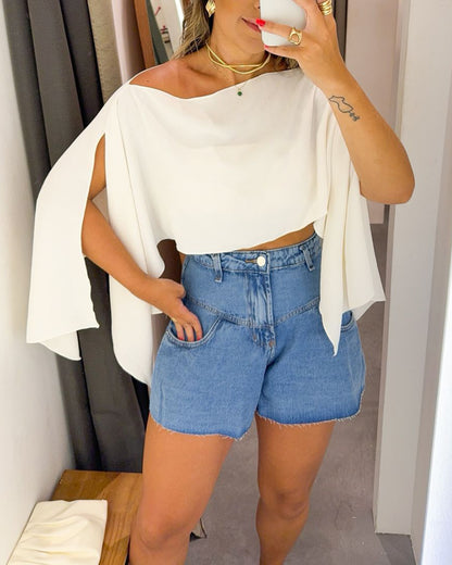 Solid Color Off Shoulder Split Sleeve Versatile Crop Blouse with Elastic Hem Bandeau Top