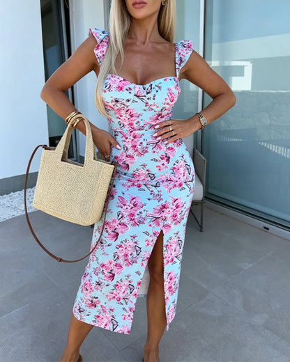 Women's Butterfly Floral Midi Dress Sweetheart Neck Flutter Sleeve Side Slit Sundress Backless Vacation Dress with Built in Bra