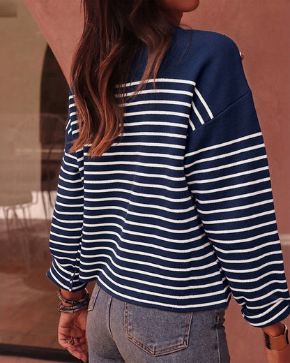 Women's Striped Knit Top Notch Neck Gold Button Drop Shoulder Long Sleeve Sweater