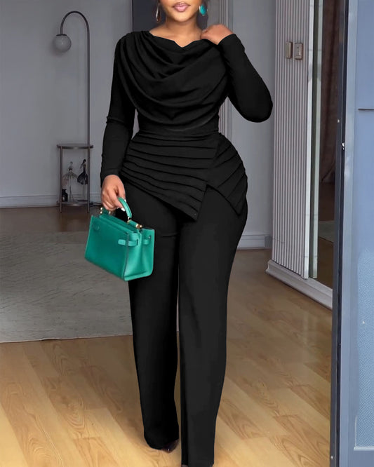 Cowl Neck Asymmetrical Textured Patchwork Cinched Waist Jumpsuit Casual Zipper Back Wide Leg Jumpsuit