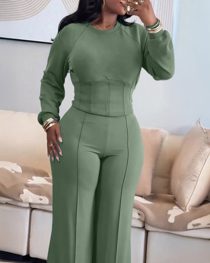 2 Pieces Outfit O-neck Long Sleeve Cinched Waist Sweatshirt and Elastic Waist Wide Leg Pants Set Casual Seam Design Sweatpants Set