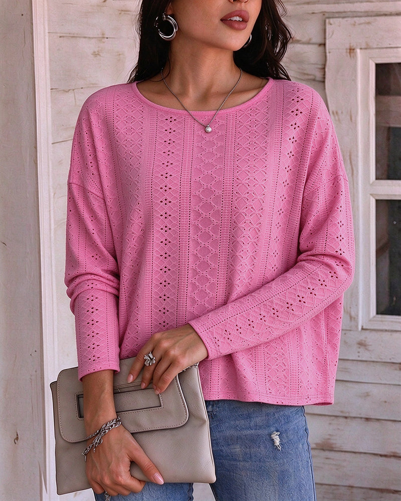 Top para mujer con cuello redondo, espalda descubierta con detalle retorcido, paneles de encaje y manga larga