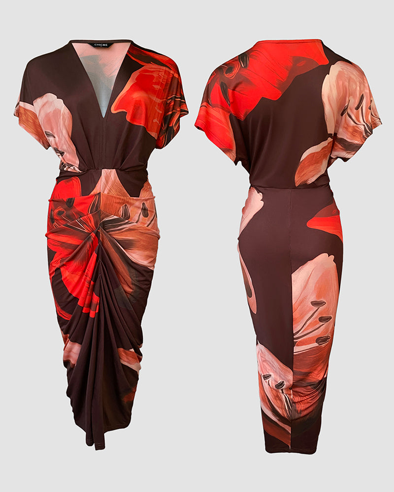 Floral Placement Print Deep V-Neck Front Slit Dress Ruched Slim Fit Vacation Dress