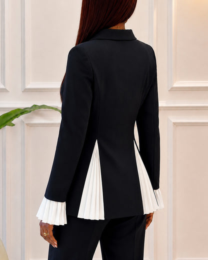 Women's Contrast Pleated Blazer Double Breasted Cinch Waist Coat