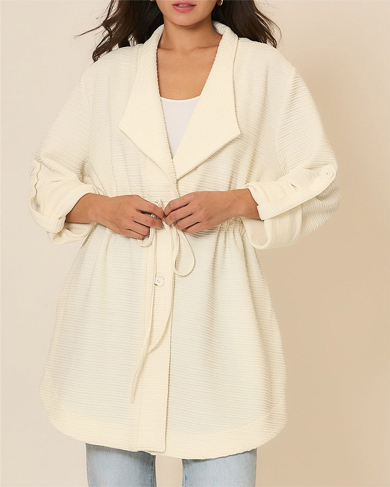 Women's Textured Drawstring Waist Lapel Coat Mid-length Roll Up Sleeve Button Front Trench Jacket