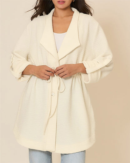 Women's Textured Drawstring Waist Lapel Coat Mid-length Roll Up Sleeve Button Front Trench Jacket