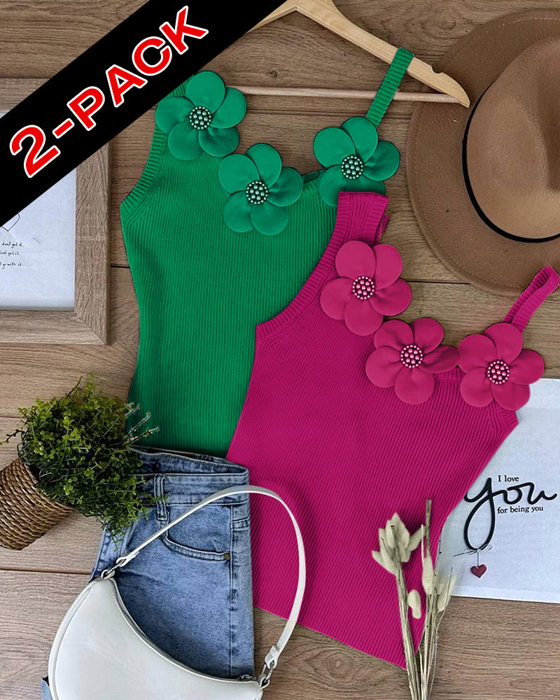 Chicme 2 Pack Solid 3D Flower Tank Top Asymmetrical Neck Sleeveless Casual Ribbed Knit Camisole