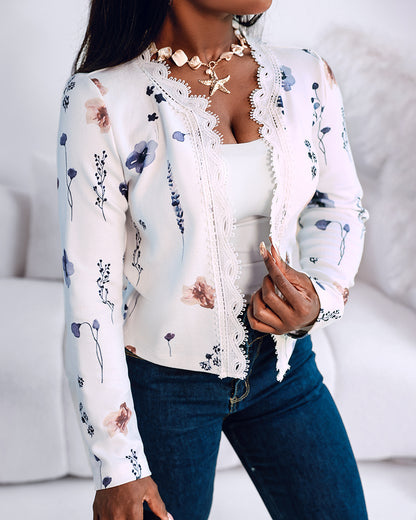 Floral Print Open Front Long Sleeve Casual Contrast Lace Short Cardigan
