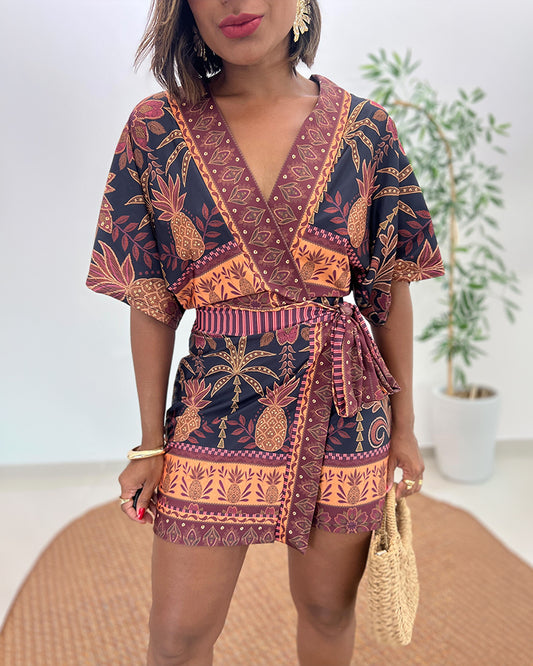 Women's Tropical Print Romper V Neck Wrap Knot Side Jumpsuit Half Sleeve Beach Vacation Summer Skorts Romper