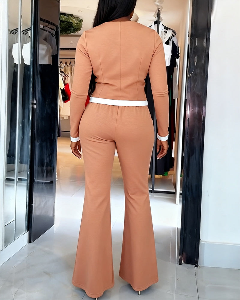 2 Pieces Outfit Contrast Paneled Single Breasted Flap Detail Crop Top and Elastic Waist Seam Front High Waist Pants Set Casual Commuting Set
