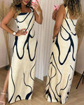 Abstract Print Square Neck Thick Strap Maxi Dress Elegant Side Slit Vacation Dress