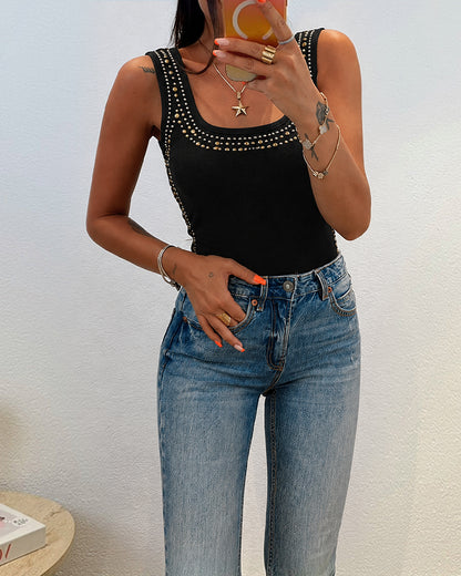 Women's Vintage Studded U Neck Tank Top Thick Strap Ribbed Knit Top