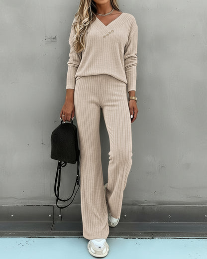 2 Pieces Outfit Button Decor V-Neck Long Sleeve Top and Elastic Waist Straight Leg Pants Set Casual Ribbed Set