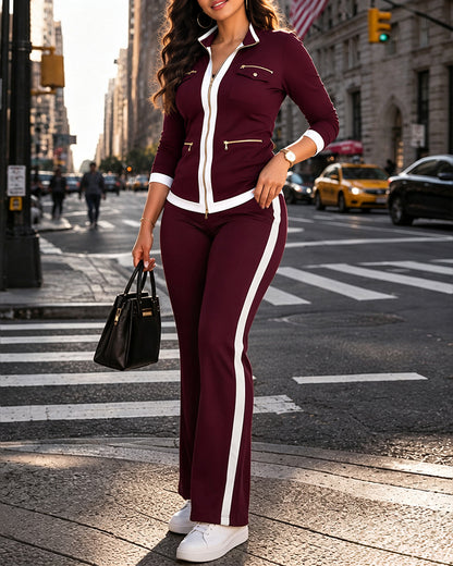 Women's 2 Piece Set Two-Way Zipper Front Stand Collar Top and High Waist Straight Leg Pants Casual Tracksuit