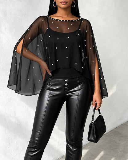 Women's 2 Piece Set Split Sleeve Pearl Sheer Chiffon Cape Top with Cami Top