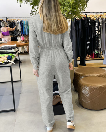 Turn-down Collar Overlap V-Neck Drawstring Stretchy Waist Jumpsuit Casual Flap Pockets Design Jumpsuit