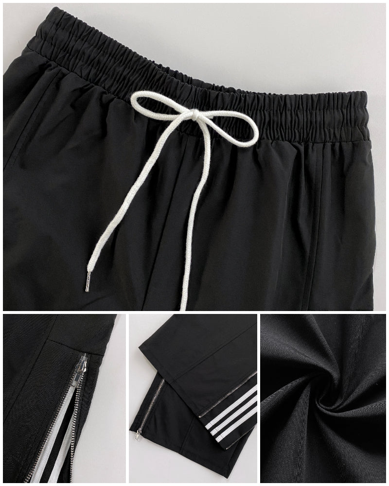 Contrast Side Striped & Zipper Slit Side Drawstring Elastic Waist Trousers Casual Wide Leg Pants