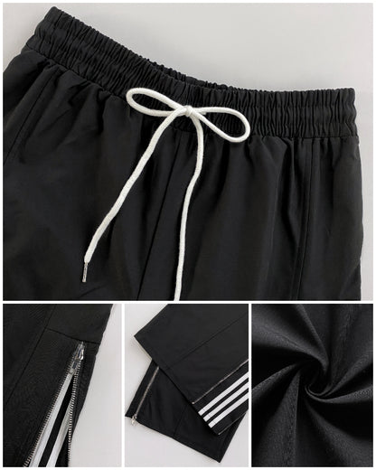 Contrast Side Striped & Zipper Slit Side Drawstring Elastic Waist Trousers Casual Wide Leg Pants