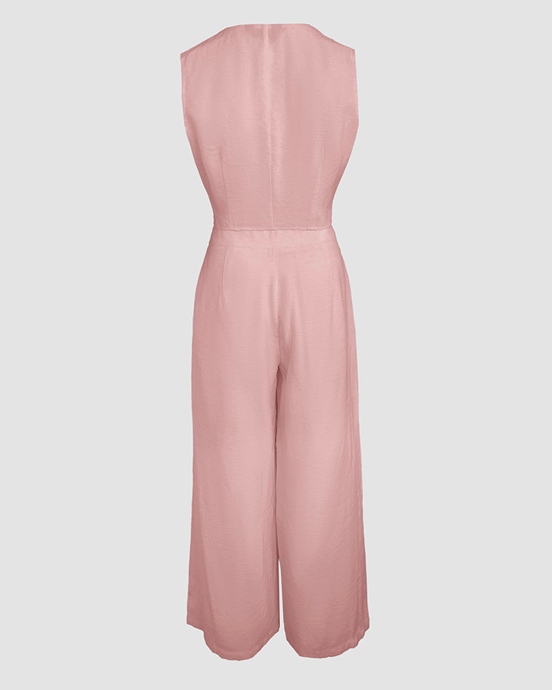 2 Pieces Outfits V Neck Sleeveless Button Front Vest Crop Top And Casual Zipper Fly Elastic Back Waist Wide Leg Pants Set