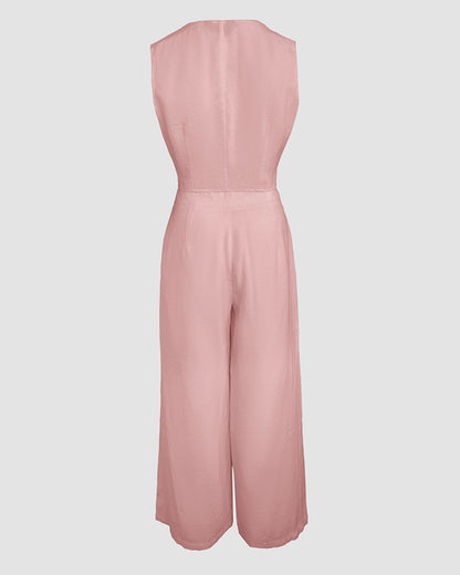 2 Pieces Outfits V Neck Sleeveless Button Front Vest Crop Top And Casual Zipper Fly Elastic Back Waist Wide Leg Pants Set