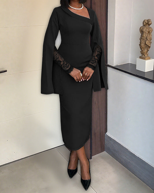 Asymmetrical Foldover Neck Lace Long Sleeve with Split Sleeve Overlay Party Dress Slim Fit Zipper Back Slit Commuting Dress