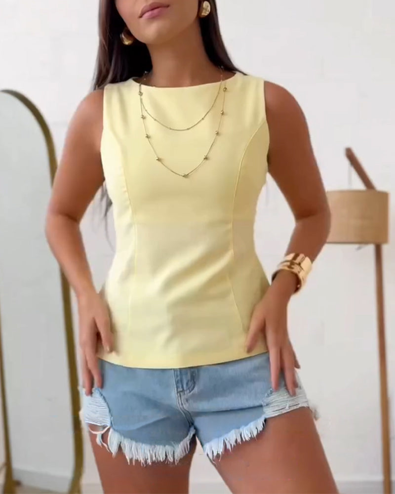 Women's Sleeveless Backless Shirt Round Neck Casual Blouse Sexy Open Back Top with Tied Bow Detail Elegant Summer Tank