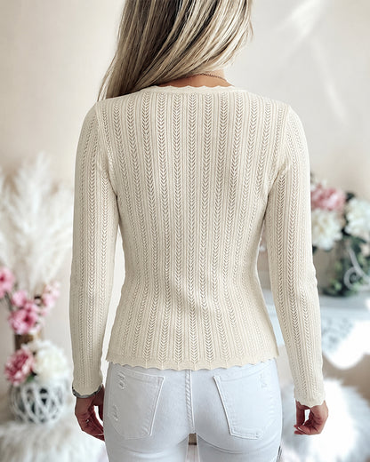 Women's Crossover V Neck Knit Top Side Button Ruched Long Sleeve Sweater Scallop Trim Slim Fit Casual Top