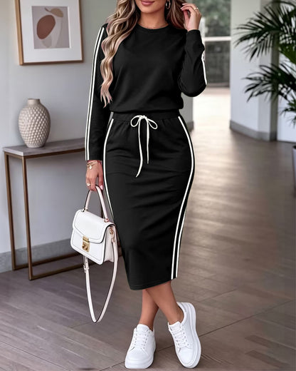 Women's Contrast Side Stripe Long Sleeve Crew Neck Top and Drawstring Midi Skirt Set