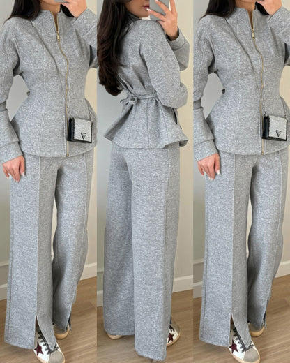 Women's French Style 2 Piece Tracksuit Set Peplum Zip-Up Tied Detail Jacket and Slit Hem Wide Leg Pants