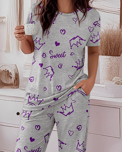2 Pieces Outfit Sweet Letter Print Short Sleeve Top and Elastic Waist Pants Set Casual Crown & Heart Print Pajamas Set