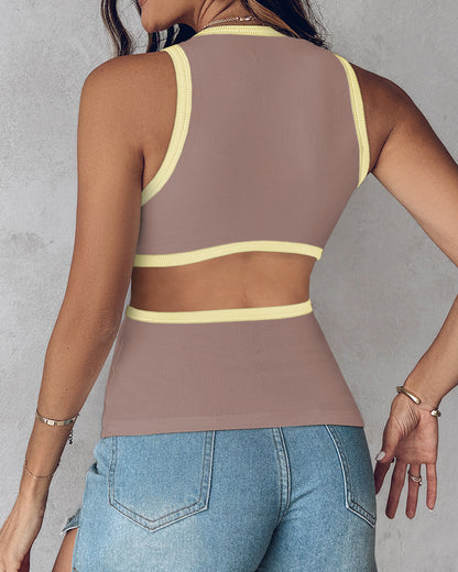 Women's Ribbed Contrast Trim Tank Top Sleeveless Crew Neck Cutout Slim Fit Stretch Casual Top