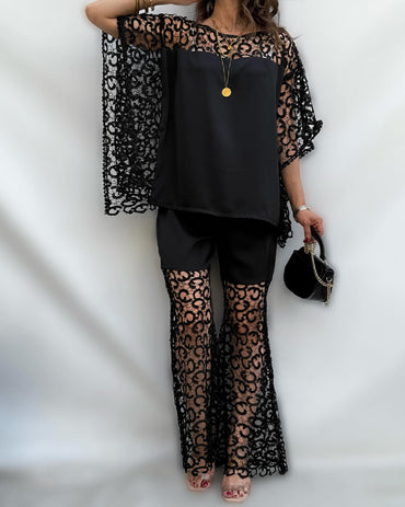 2 Pieces Outfit Elegant Hollow-out Lace Batwing Sleeve Blouse and Casual Slim Fit Flared Pants Set