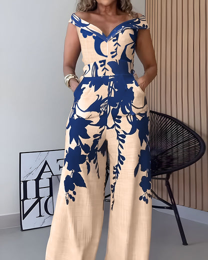 Floral Print Off Shoulder Sleeveless Deep V-Neck Jumpsuit Casual Zipper Side Wide Leg Jumpsuit