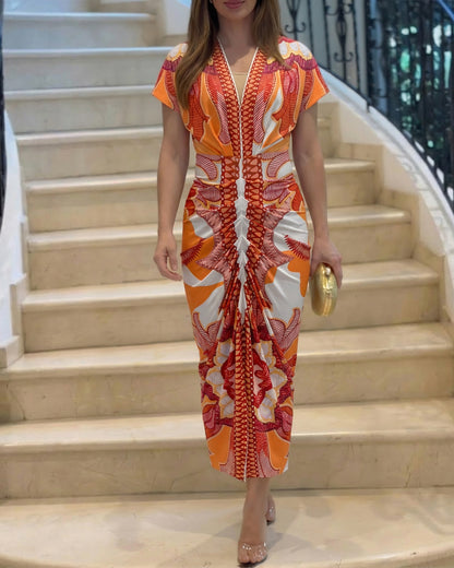 Vintage Baroque Print Deep V-Neck Short Sleeve Ruched Mid-length Dress Slim Fit Slit Front Vacation Dress