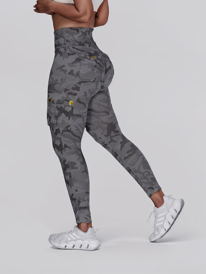 Camouflage Print High Waist Skinny Leggings with Cargo Flap Pockets Casual Pants