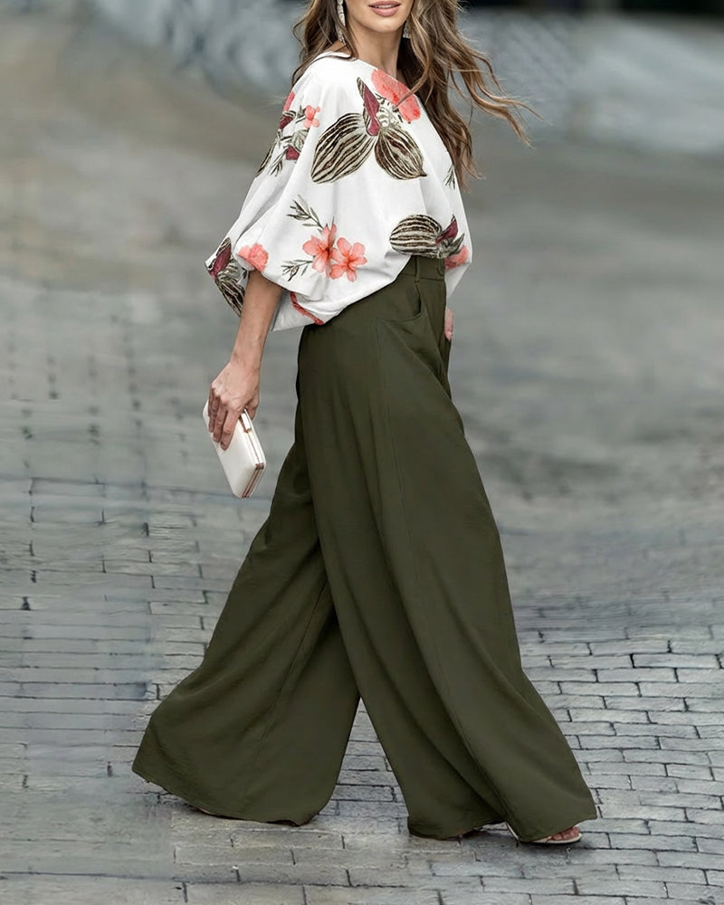 2 Pieces Outfit French Style Floral Print Skew Neck Batwing Sleeve Stretchy Hem Top and Zipper Fly Elastic Back Waist Wide Leg Pants Set Casual Loose Fit Set