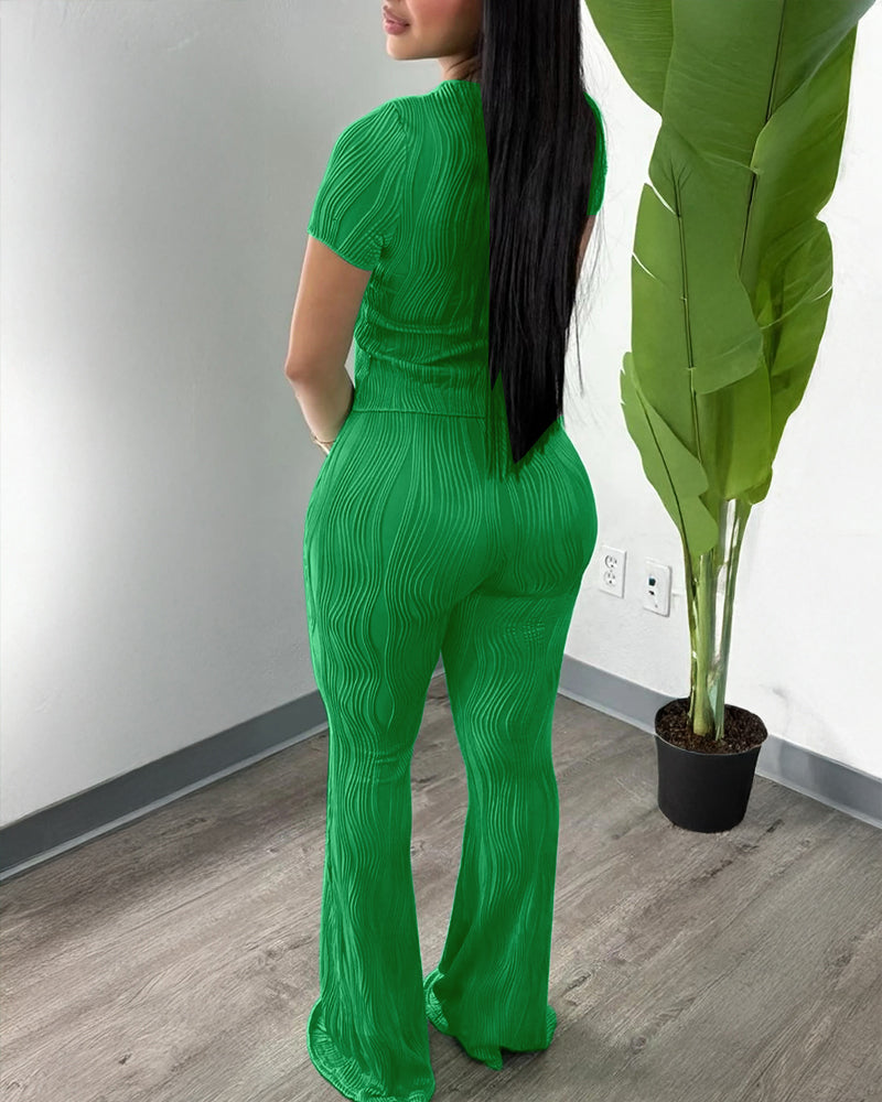 2 Pieces Outfit Round Neck Short Sleeve Crop Top and Elastic Waist Flared Pants Set Slim Fit Textured Set (Multiple Colors Available)
