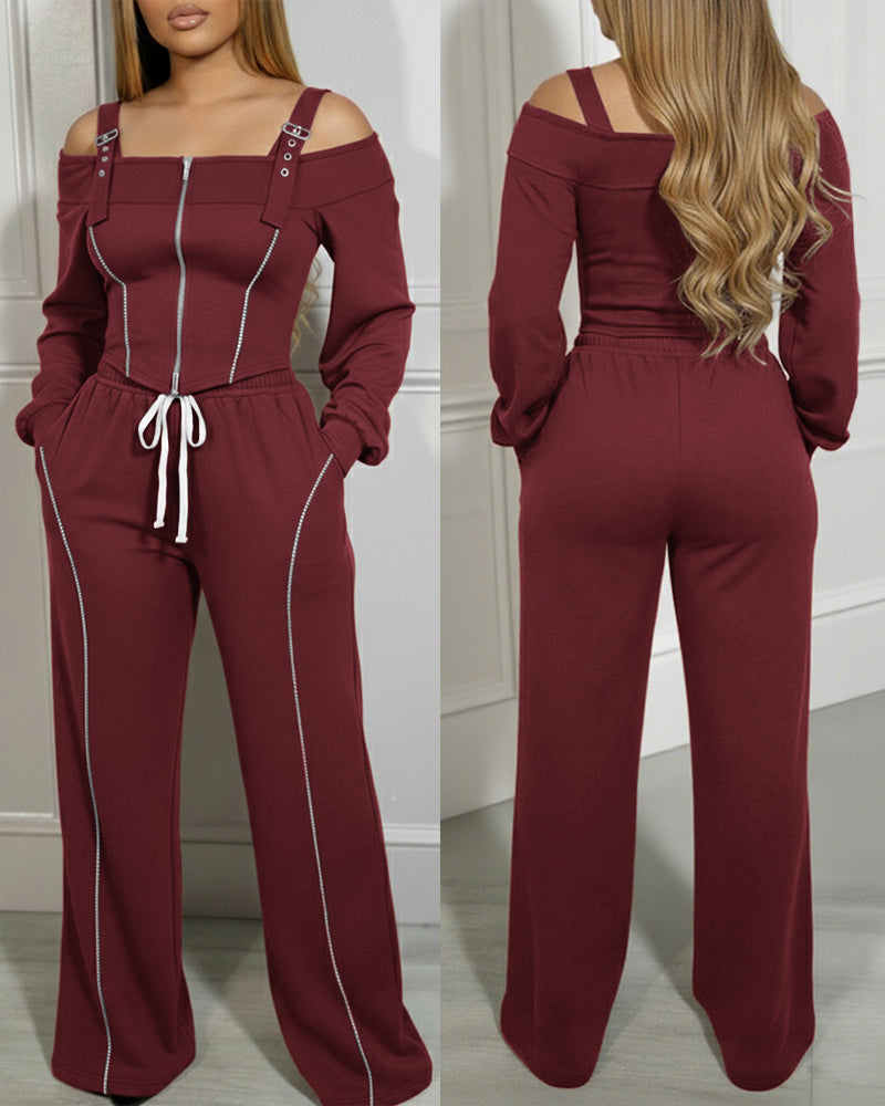 2 Pieces Outfit Trendy Long Sleeve Cold Shoulder Top and Drawstring Waist Pants with Pockets