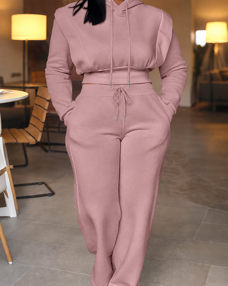 2-teiliges Outfit, langärmliges, kurzes Kapuzenpullover-Sweatshirt mit Kordelzug, Bündchen mit Daumenlöchern und lässigem Jogginghosen-Set mit Kordelzug und elastischer Taille mit weitem Bein 