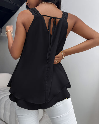 U-Neck Thick Strap Tank Contrast Lace Tied Detail Top