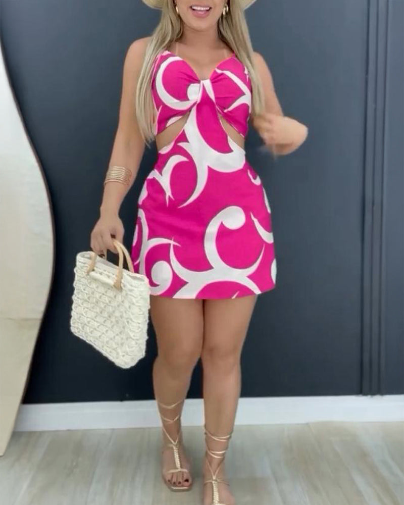 Floral Print Deep V-Neck Adjustable Spaghetti Straps Romper Casual Tied Back Cutout Slim Fit Skort Romper