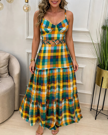 Women's Colorblock Plaid Hollow-out Maxi Dress V Neck Backless Ruffle Cami Dress Casual Shirred Beach Sundress