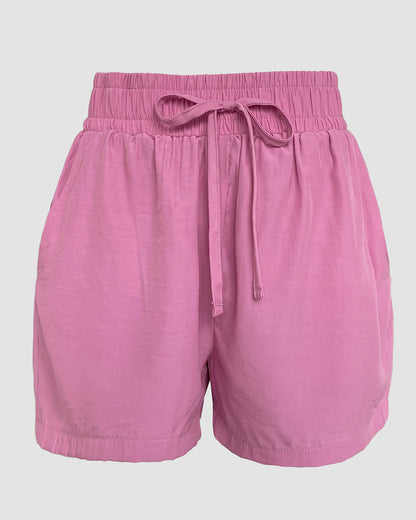 2 Pieces V Neck Button Decor Bell Sleeve Top and Casual Drawstring Stechy Waist Shorts Set