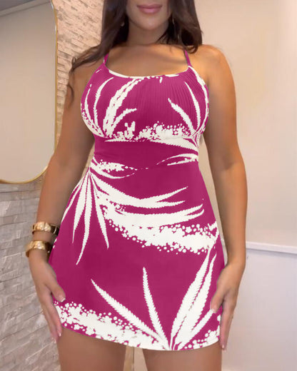 Tropical Print Cold Shoulder Spaghetti Strap Romper Ruched Backless Tied Detail Romper