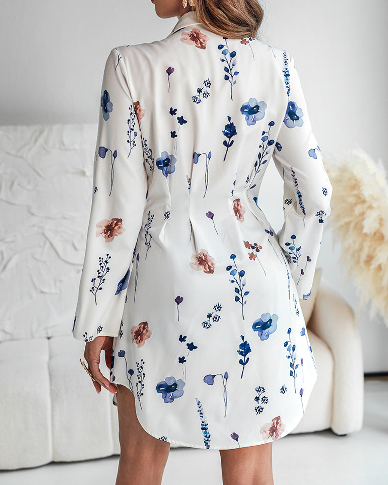 Watercolor Floral Print Turn-down Collar Turn-Up Sleeves Shirred Back Shirt Dress Casual Button Down Cinched Waist Asymmetrical Hem Vacation Dress