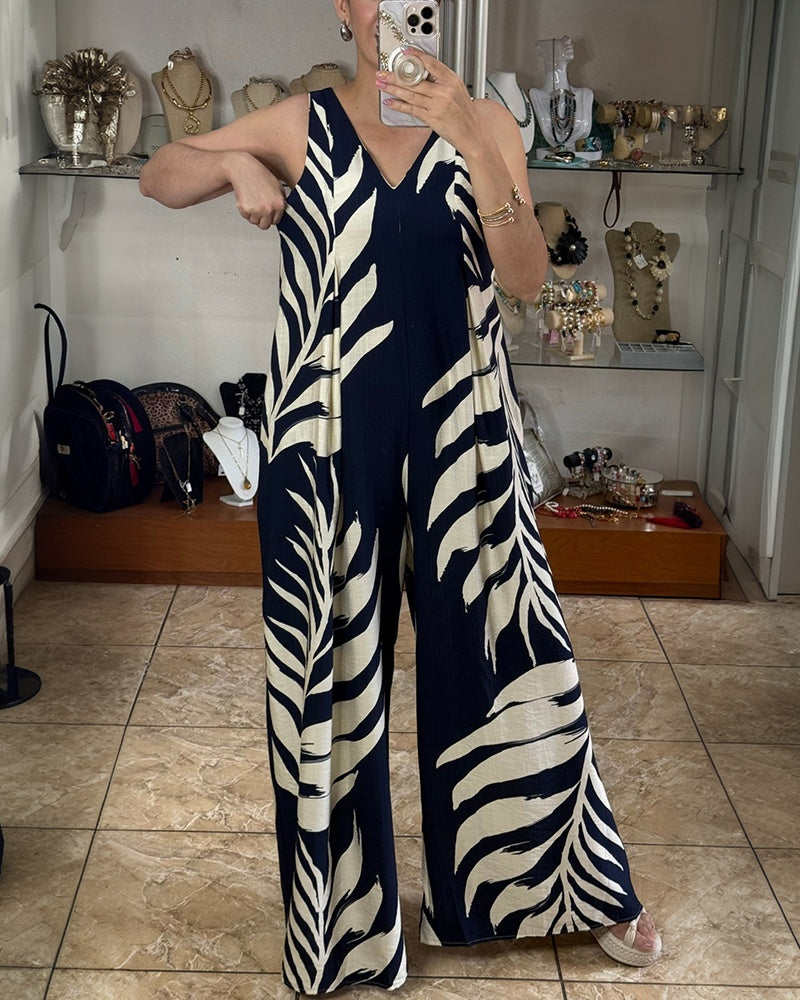 Tropical Plants Print V-Neck Sleeveless Zipper Back Overalls Casual Ruched Wide Leg Loose Fit Jumpsuit