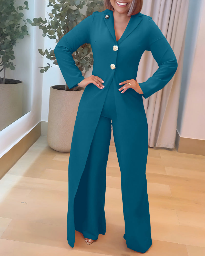 Notched Collar Long Sleeve Button Front Jumpsuit Casual Cinched Waist Wide Leg Faux Two Piece Jumpsuit