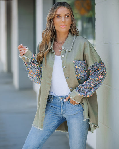 Casual Jacket Sequin Patchwork Long Sleeve Jacket Top Button Front Raw Hem Oversized Denim Shacket