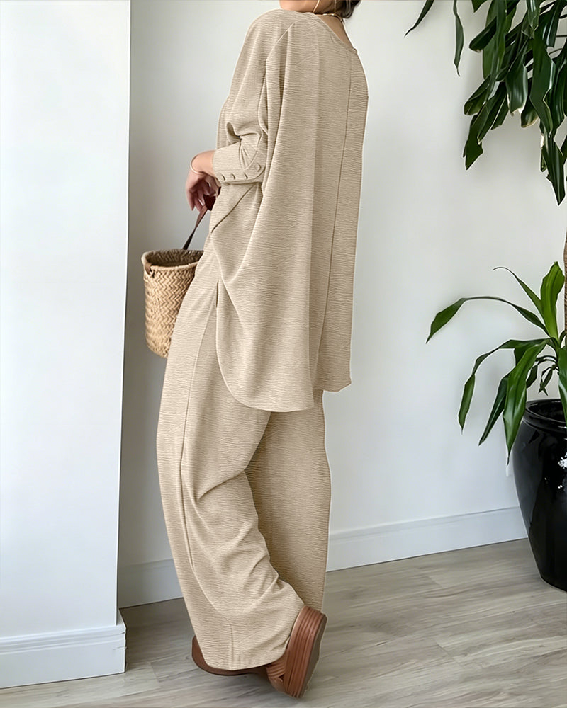 Women's 2 Piece Outfits Batwing Sleeve Asymmetrical Hem Top and Wide Leg Pants Set Casual Textured Loungewear