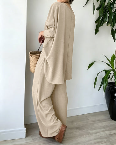 Women's 2 Piece Outfits Batwing Sleeve Asymmetrical Hem Top and Wide Leg Pants Set Casual Textured Loungewear